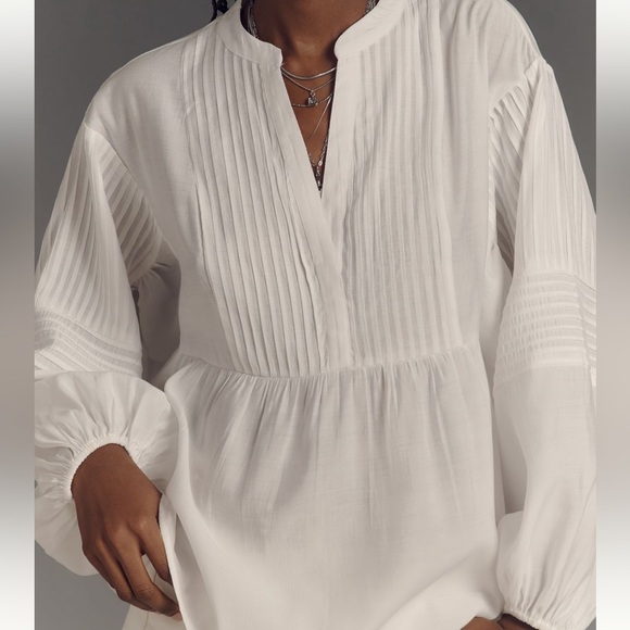 Maeve Tops - Maeve  for Anthropologie-White Pintuck Front Band-Collar Blouse